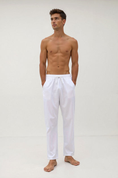 Pantalon à cordon de serrage en mélange de coton et de lin